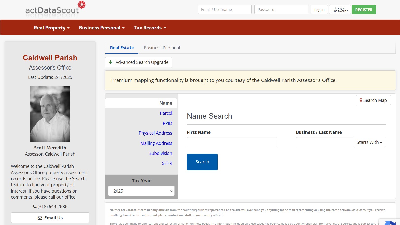 Screenshot of Caldwell Parish Real Property Search Page on actDataScout's website'
